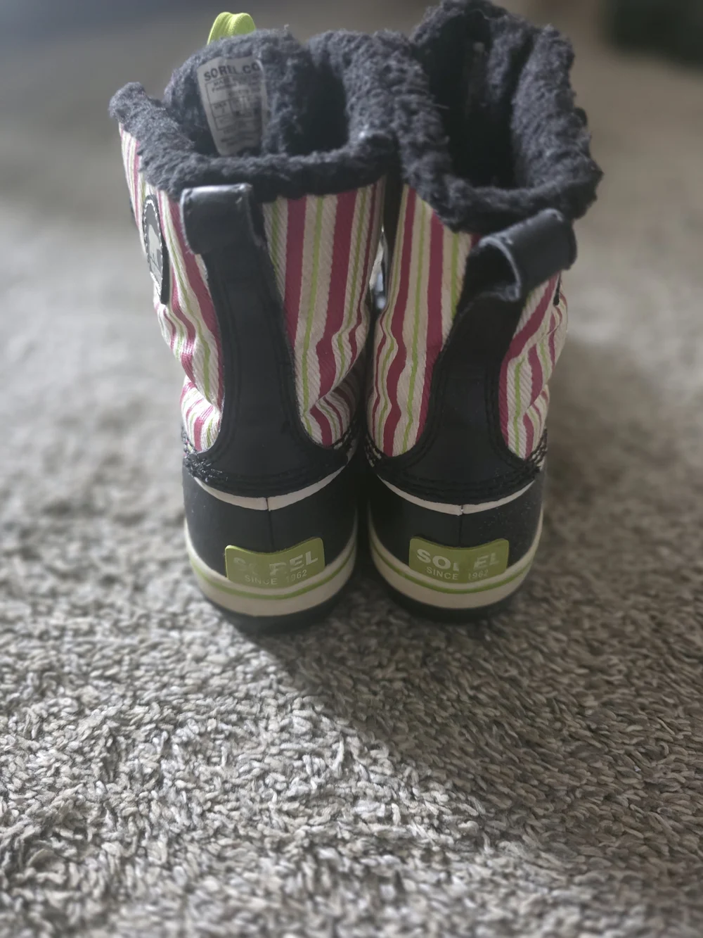 Sorel Kids Black, Pink & White Stripe Winter Boots with Lime Laces